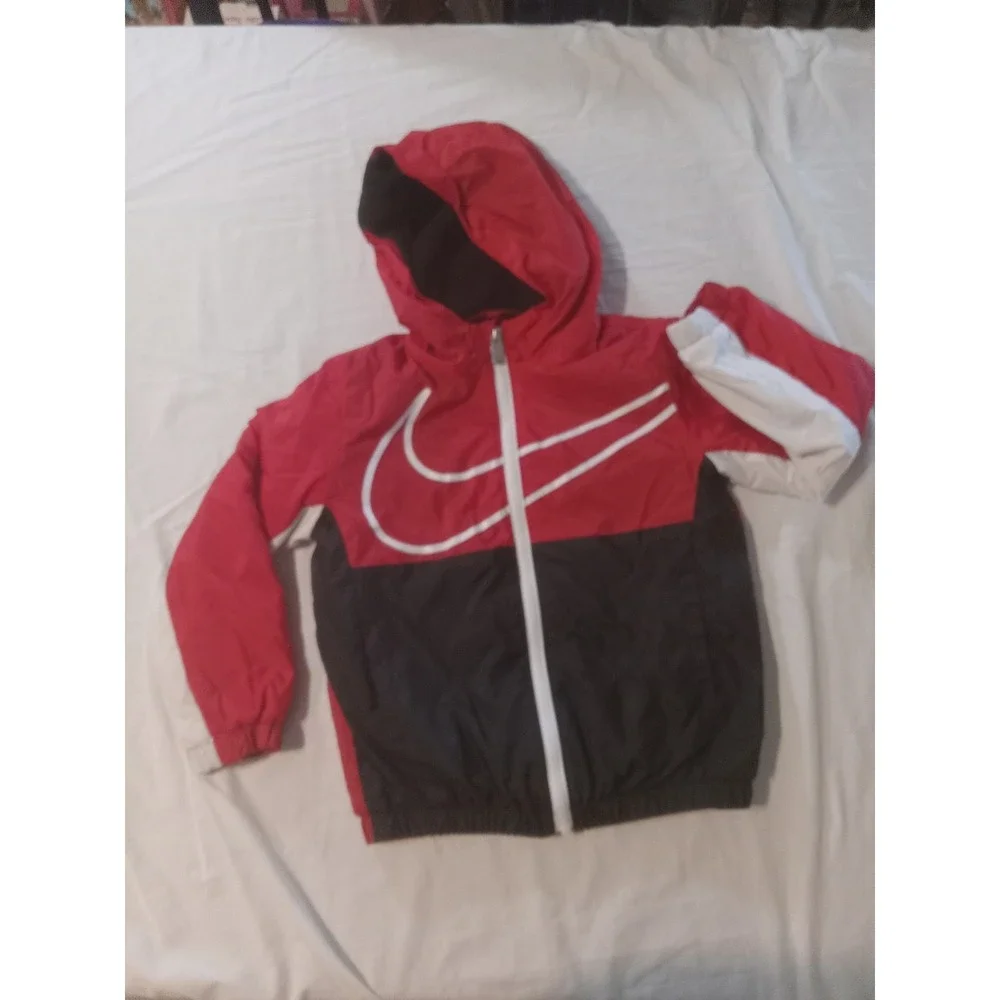 Nike Jacket Toddler Boys Sz 4 Red/Black‎ Hooded Fleece Windbreaker Swoosh Logo